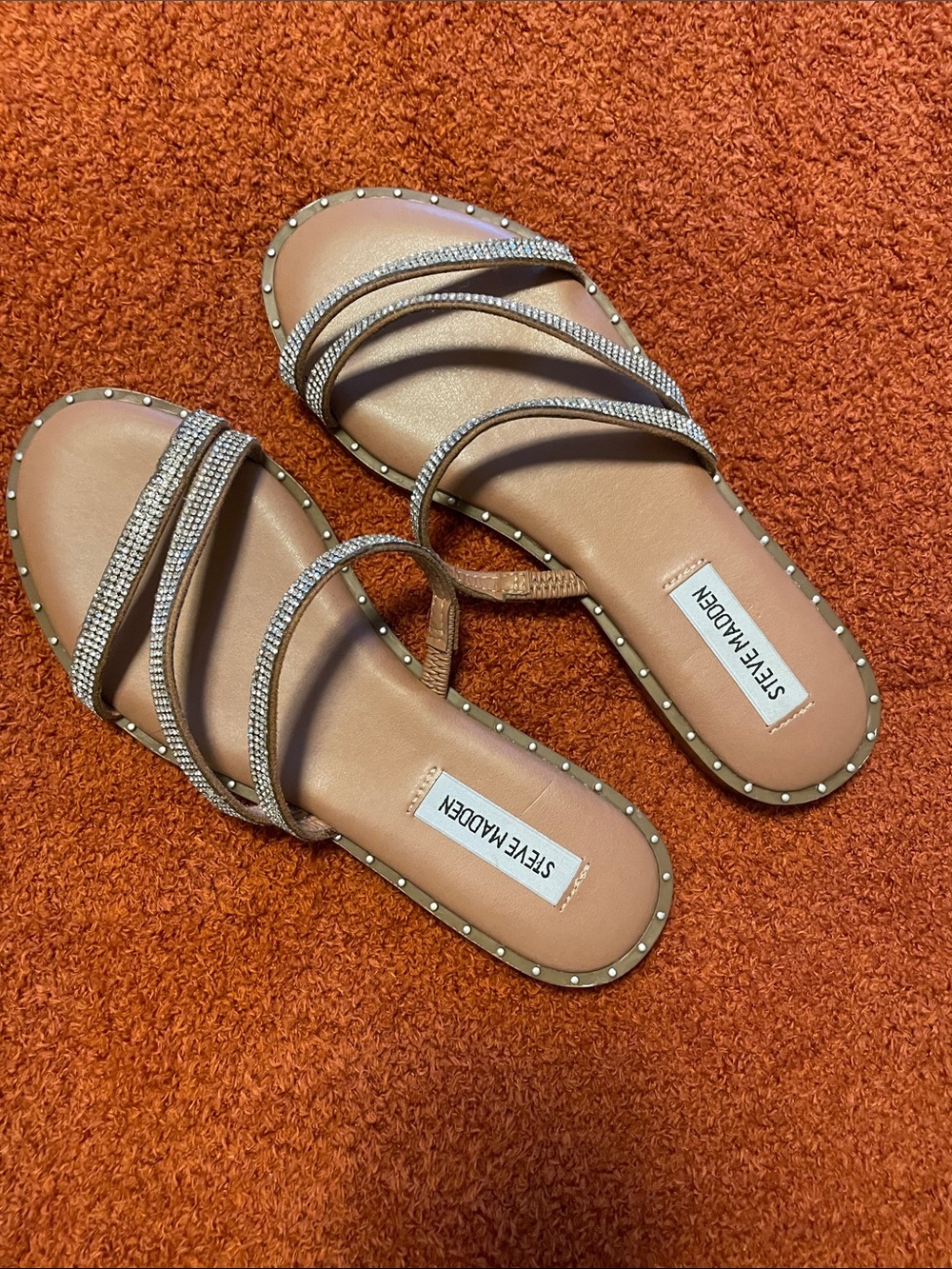 Steve Madden Nude Tan Rhinestone Multi-Strap Slide Sandals